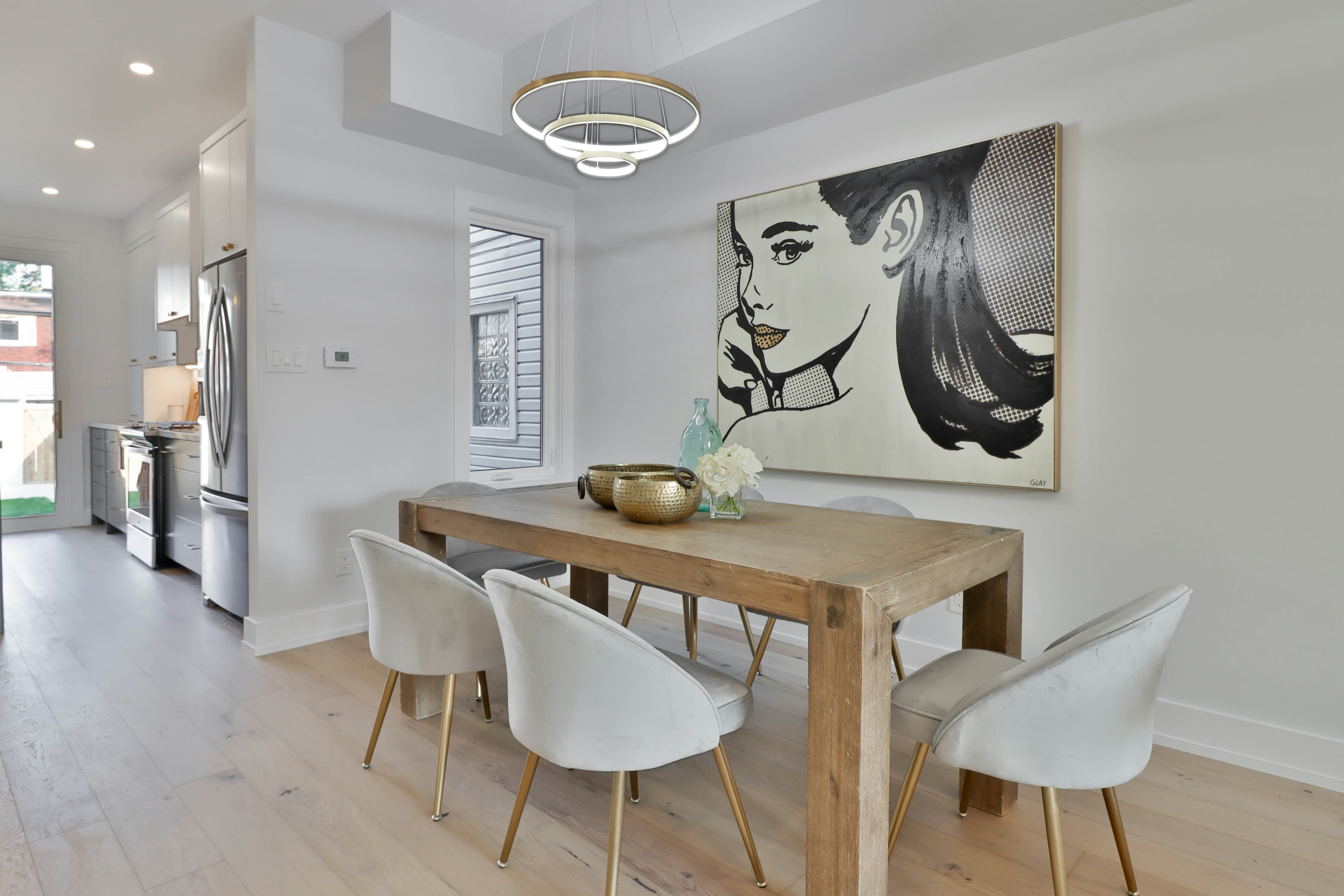 Dining room with natural wood table