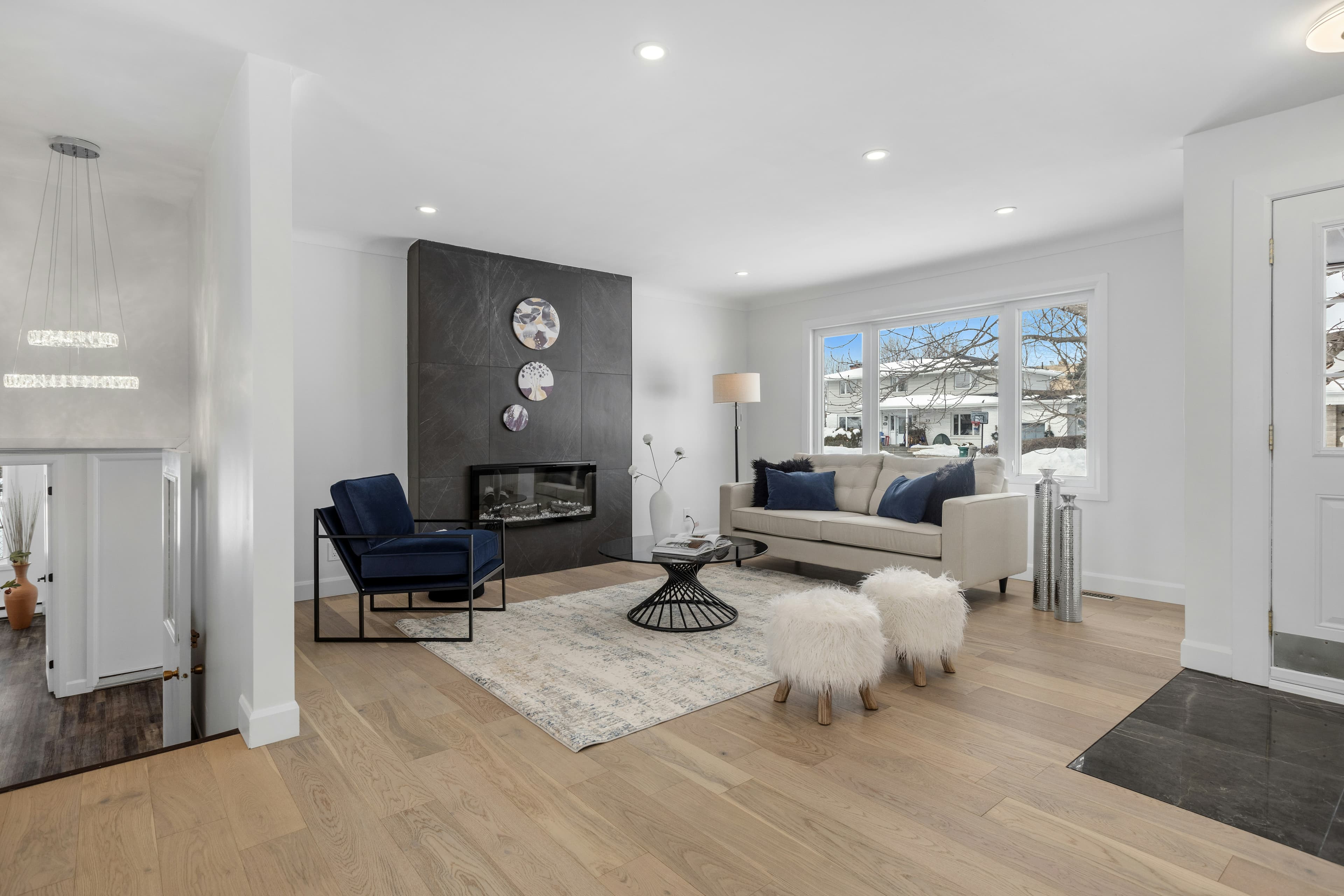 Modern living room with slate fireplace