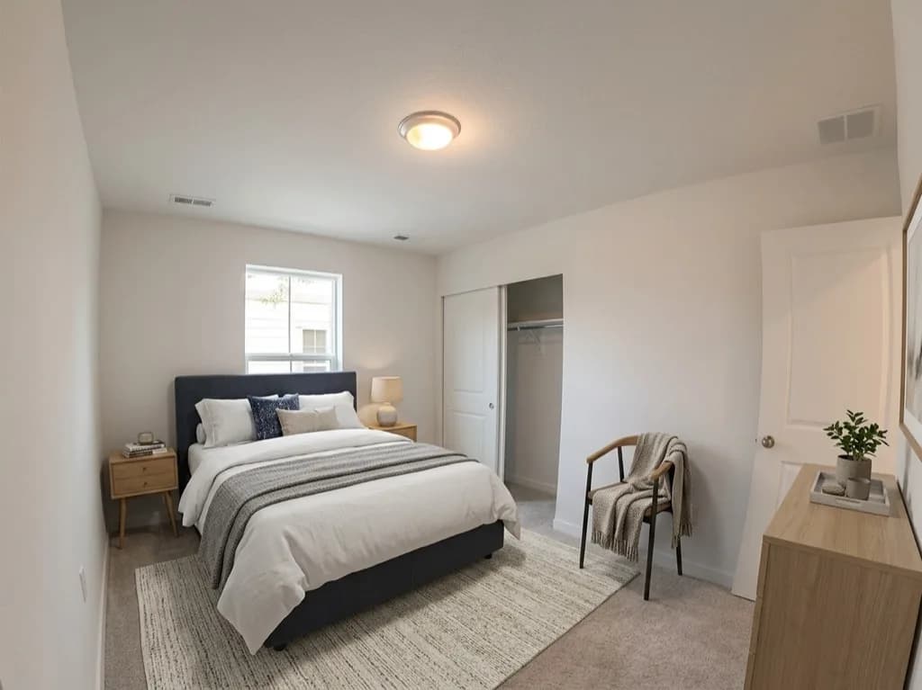 Primary bedroom virtually staged with a navy upholstered headboard, nightstand, and dresser