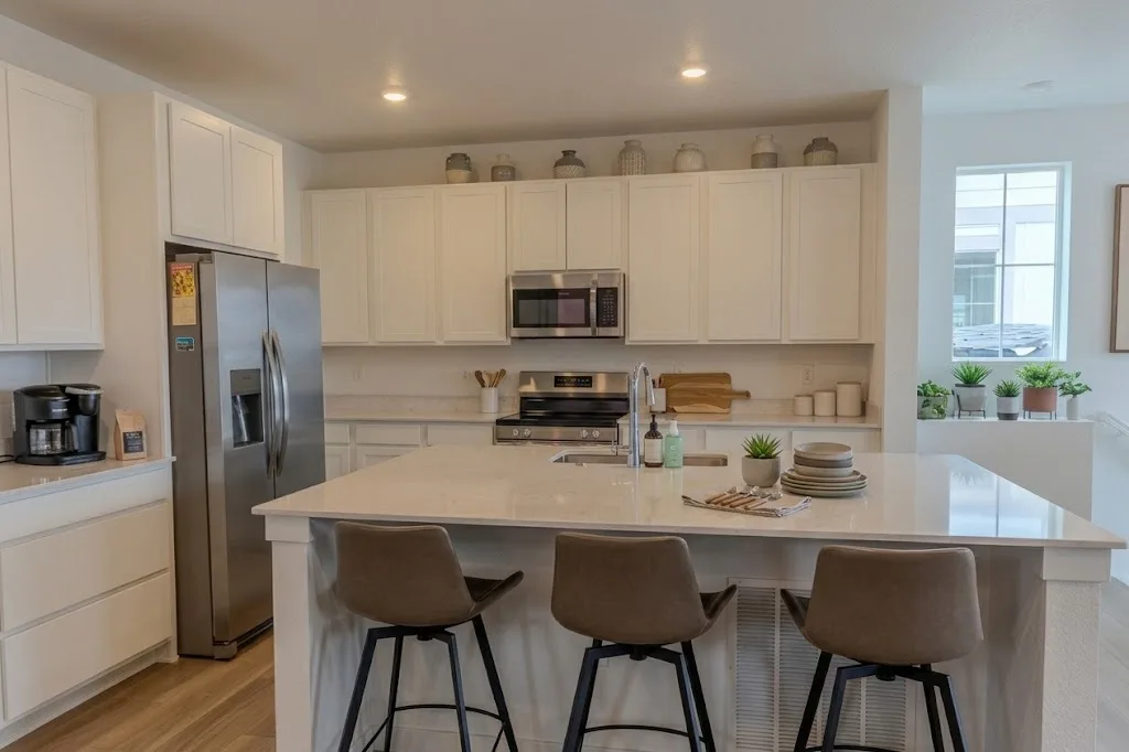 Kitchen virtually staged with counter plants, dishware, and a cutting board